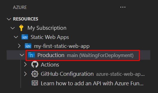 Static Web Apps 扩展 UI 的图像,其中显示了每个订阅下的静态 Web 应用列表。突出显示的静态 Web 应用旁边显示的状态为“正在等待部署”。