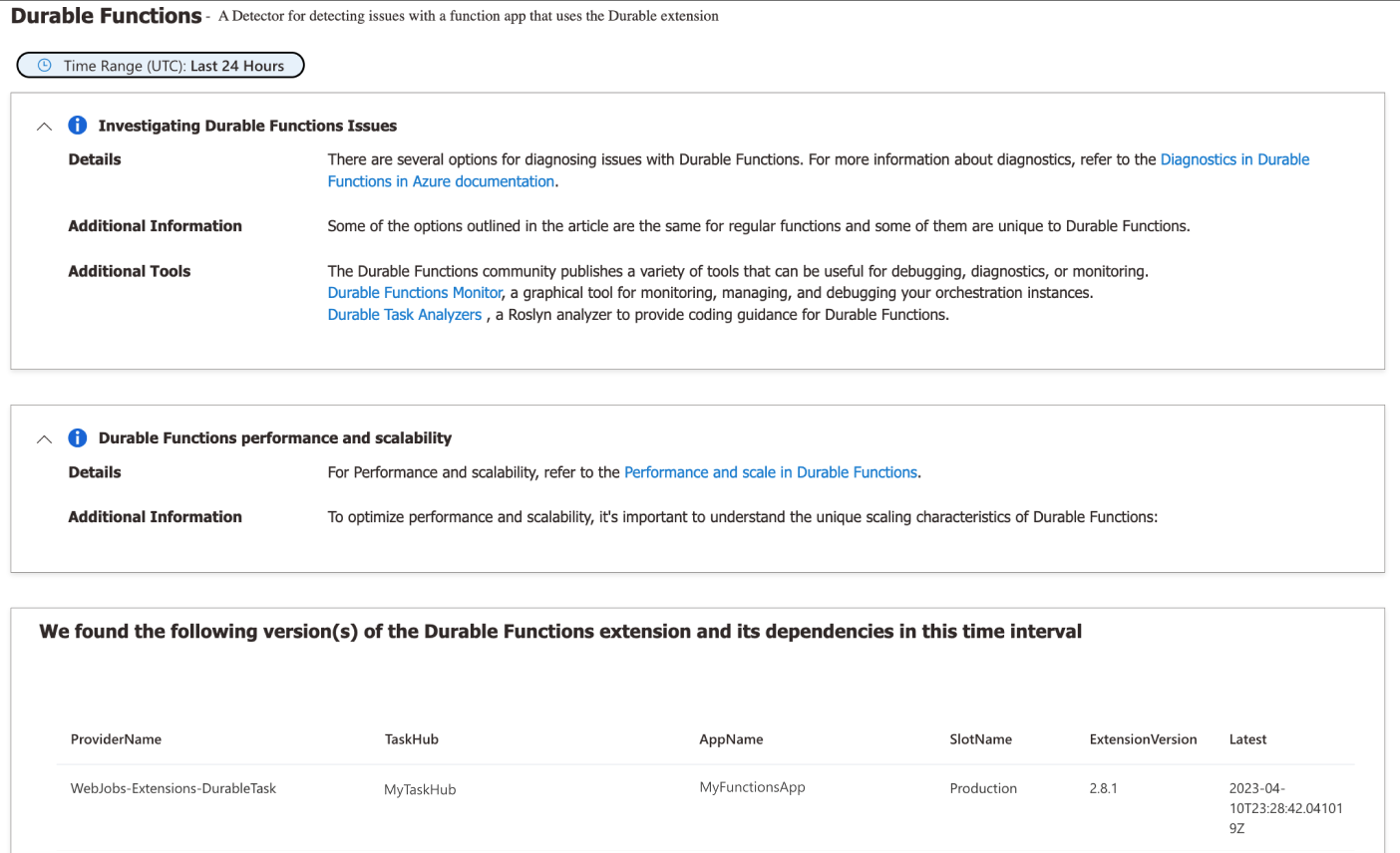 Durable Functions 检测器的屏幕截图。