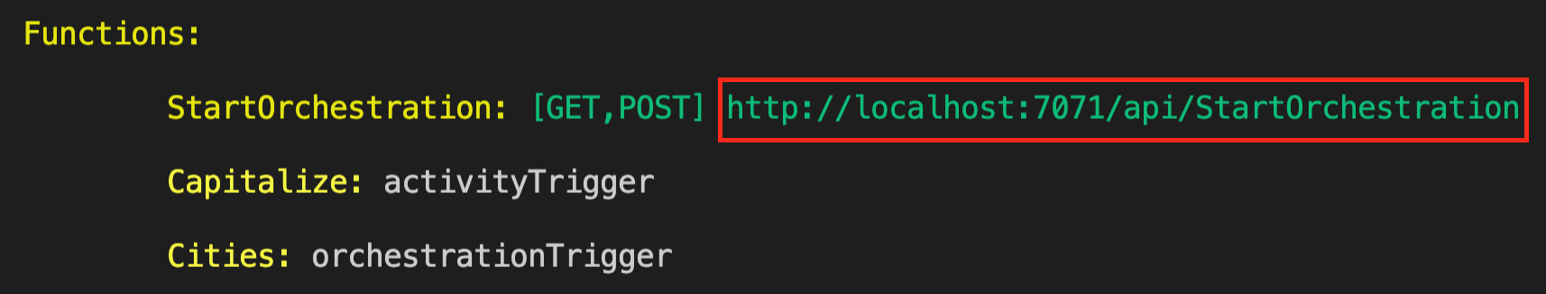终端输出的截图，显示本地 Azure Functions runtime 的 HTTP 终结点 URL。