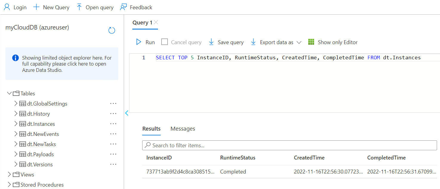 显示 SQL 查询的 Azure SQL 查询编辑器结果的屏幕截图。
