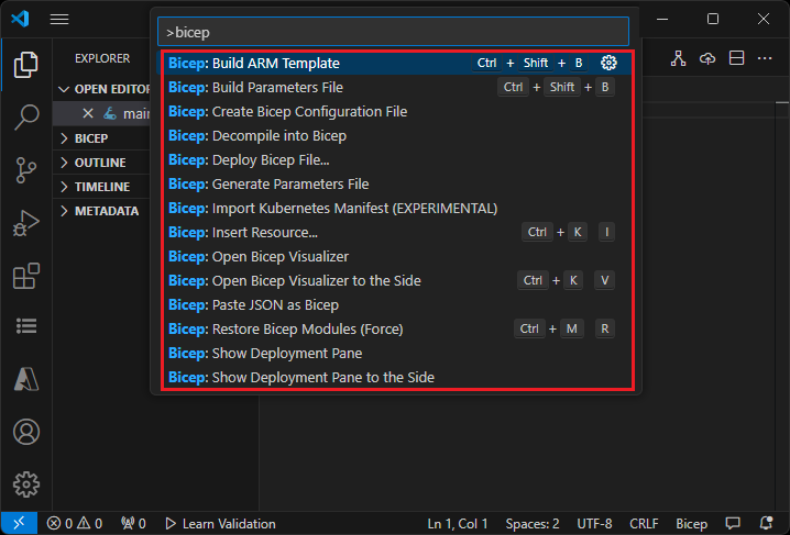 命令面板中 Visual Studio Code Bicep 命令的屏幕截图。