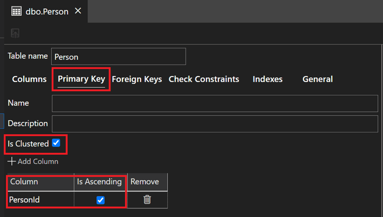 表设计器中人员表的屏幕截图，其中显示了主键设置。