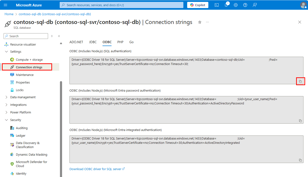 Azure 门户中的 ODBC 连接字符串的屏幕截图。