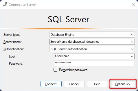 显示 SSMS 选项按钮的屏幕截图。