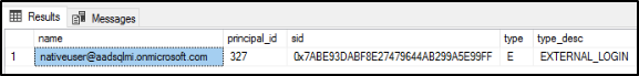SSMS 对象资源管理器中“结果”选项卡的屏幕截图，其中显示了新添加的登录名的名称、principal_id、sid、类型和type_desc。