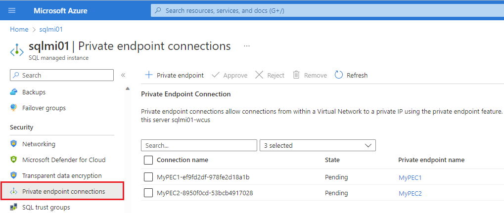 Azure 门户“专用终结点连接”页的屏幕截图，其中显示了两个挂起的连接。