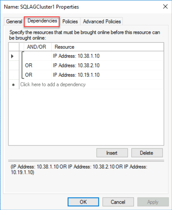 该屏幕截图显示了“群集属性”对话框，其中显示了用于添加依赖项的选择。