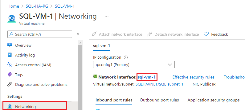 SQL-VM-1 虚拟机的网络屏幕的屏幕截图。“网络接口”字段突出显示。