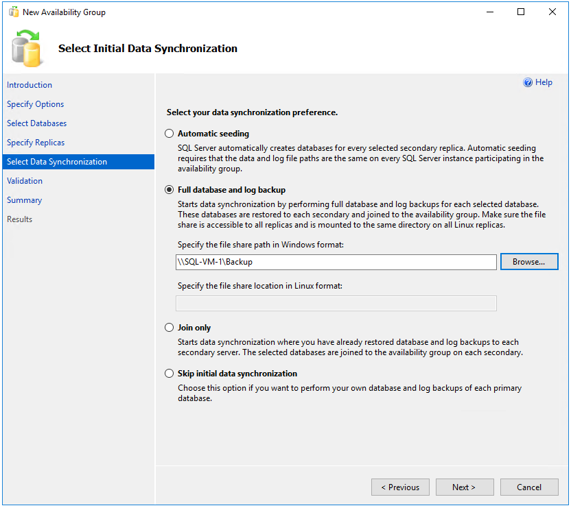 SSMS 中“新建可用性组向导”中的“选择初始数据同步”页的屏幕截图。
