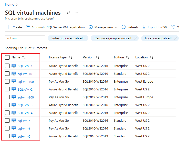 Azure 门户中 SQL 虚拟机资源页面的屏幕截图，其中选择了一个虚拟机 (VM)。