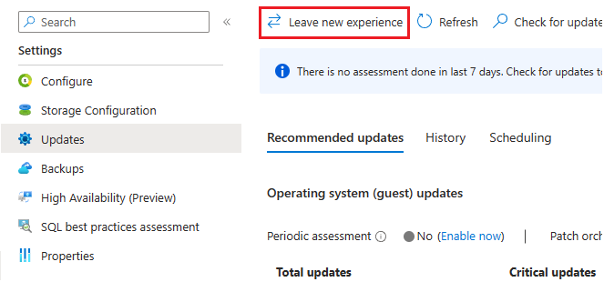 Azure 门户中的 SQL 虚拟机资源“更新”页的屏幕截图，其中突出显示了“退出新体验”。