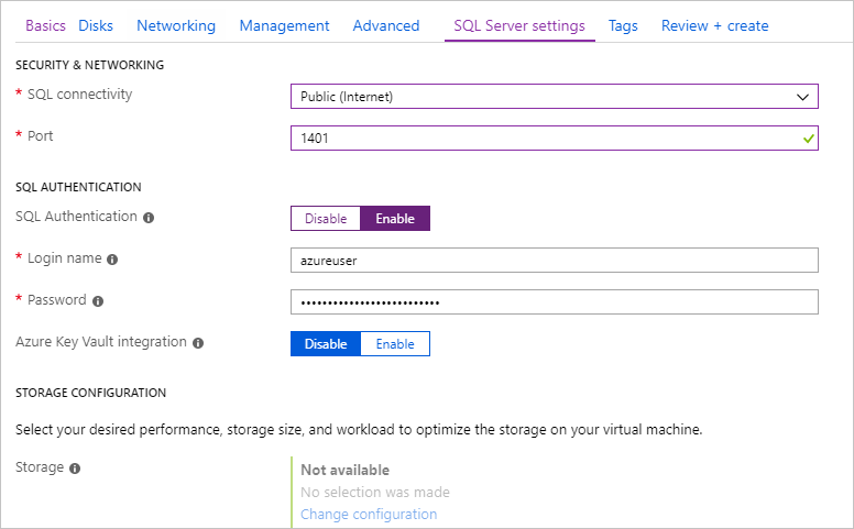 显示在 Azure 门户中创建 SQL VM 时的“SQL Server 安全设置”部分的屏幕截图。