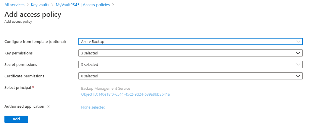 显示 Azure 备份选择的屏幕截图。