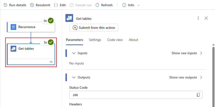 屏幕截图显示了“获取表”操作的输入和输出。