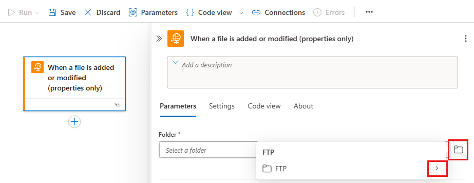 屏幕截图显示了具有 FTP 托管连接器触发器的工作流设计器，其中包含用于选择文件夹的选项。