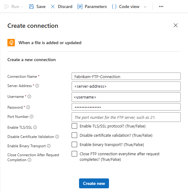 屏幕截图显示了工作流设计器中的“创建连接”页，其中包含 FTP 内置触发器信息。