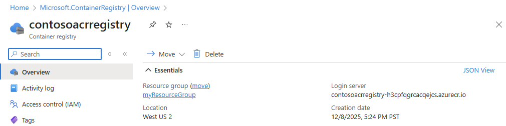 Azure 门户中容器注册表概述页的屏幕截图。
