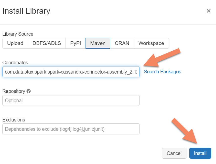 显示如何在 Azure Databricks 中搜索 Maven 包的屏幕截图。