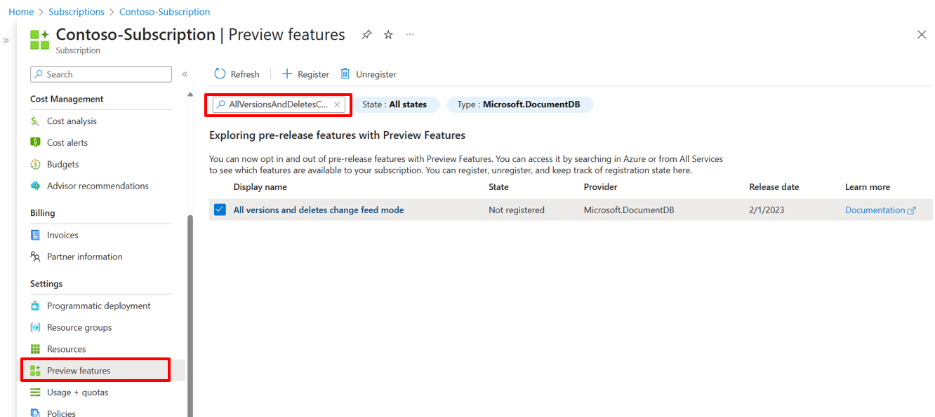 Azure 门户中“功能”页面上“所有版本和删除变更源模式”功能的屏幕截图。