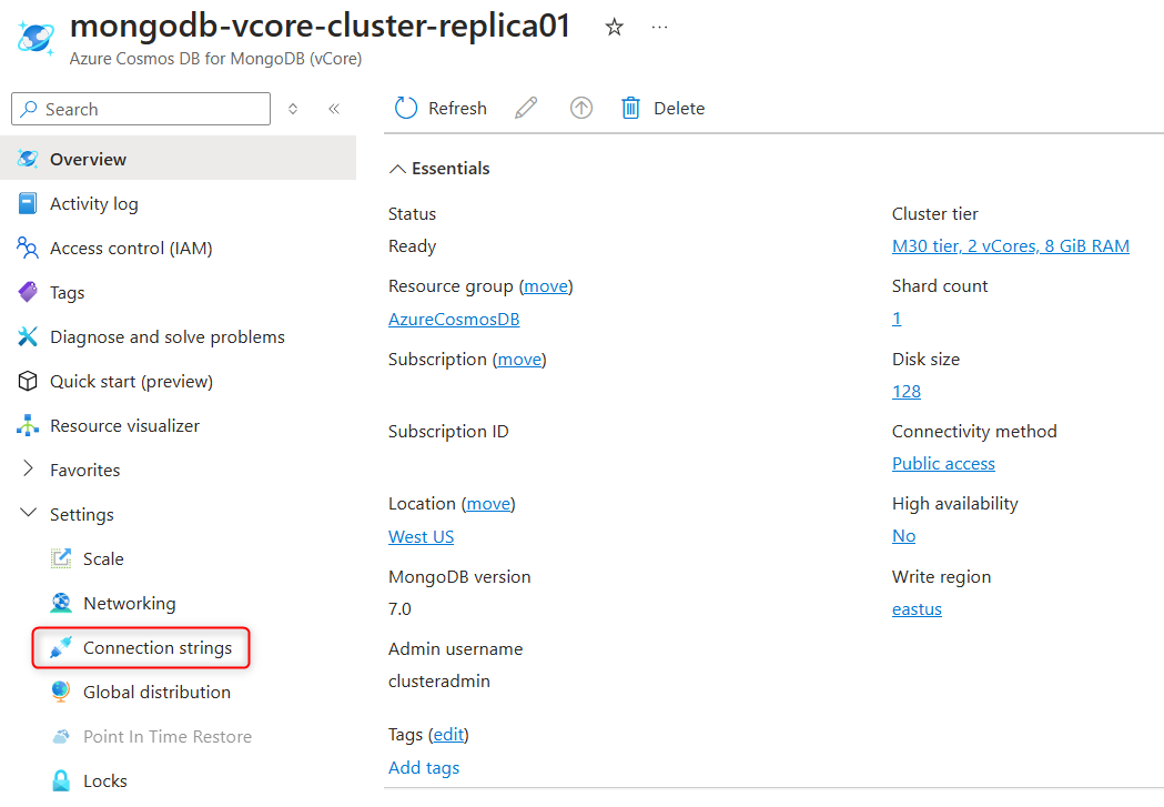 Azure 门户中的副本群集属性的屏幕截图，其中突出显示了“连接字符串”页。