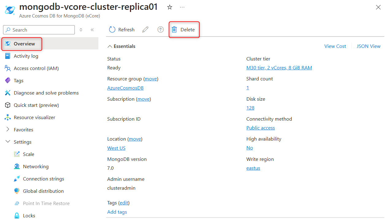 Azure 门户中的副本群集属性的屏幕截图，其中概述页面已打开且“删除”按钮突出显示。