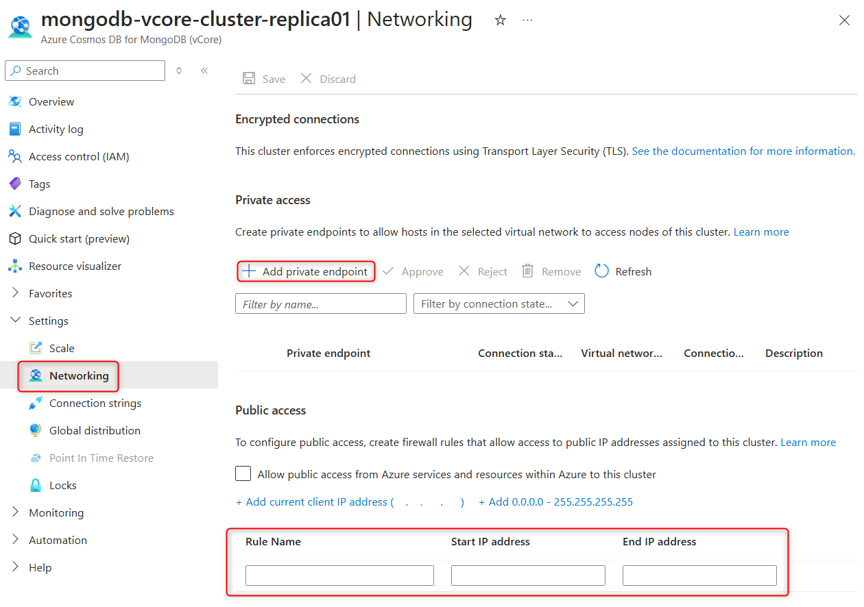 Azure 门户中副本群集网络页的屏幕截图。