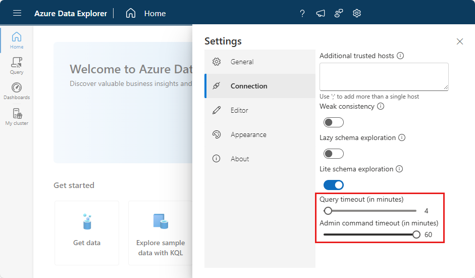 Azure 数据资源管理器 Web UI 中用于控制超时长度的设置的屏幕截图。