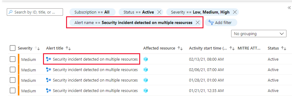 在 Microsoft Defender for Cloud 的安全警报页上的事件列表。