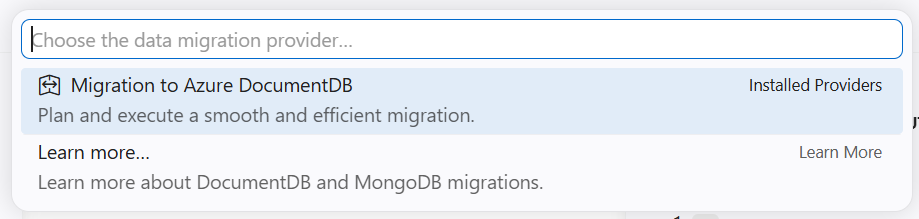 命令面板中列出了 Visual Studio Code 内的迁移工具的截图。