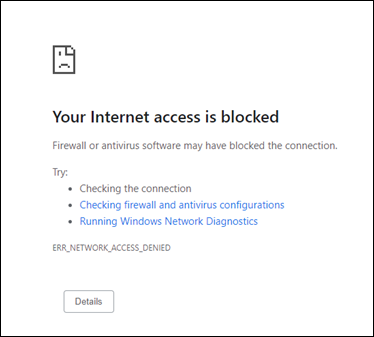显示已阻止 Internet 访问的消息的屏幕截图。