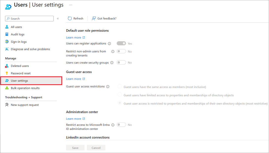 Microsoft Entra ID 中“用户设置”页的屏幕截图。