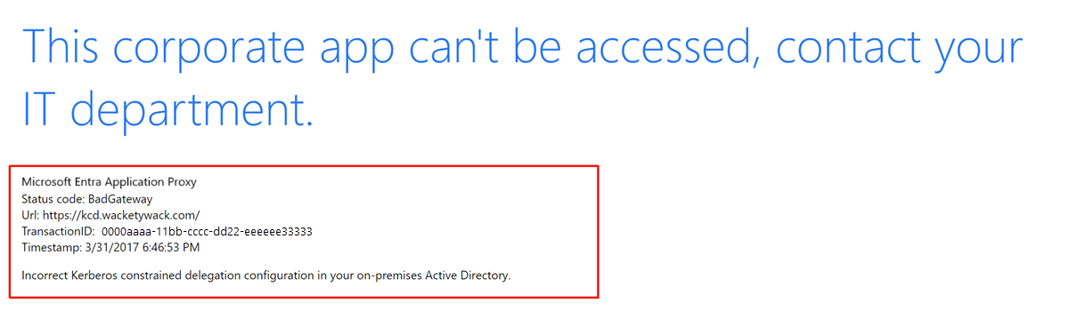 显示 Kerberos 约束委派配置错误消息的屏幕截图。