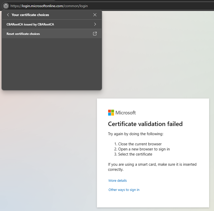 显示Microsoft Edge 浏览器证书选项重置的屏幕截图。
