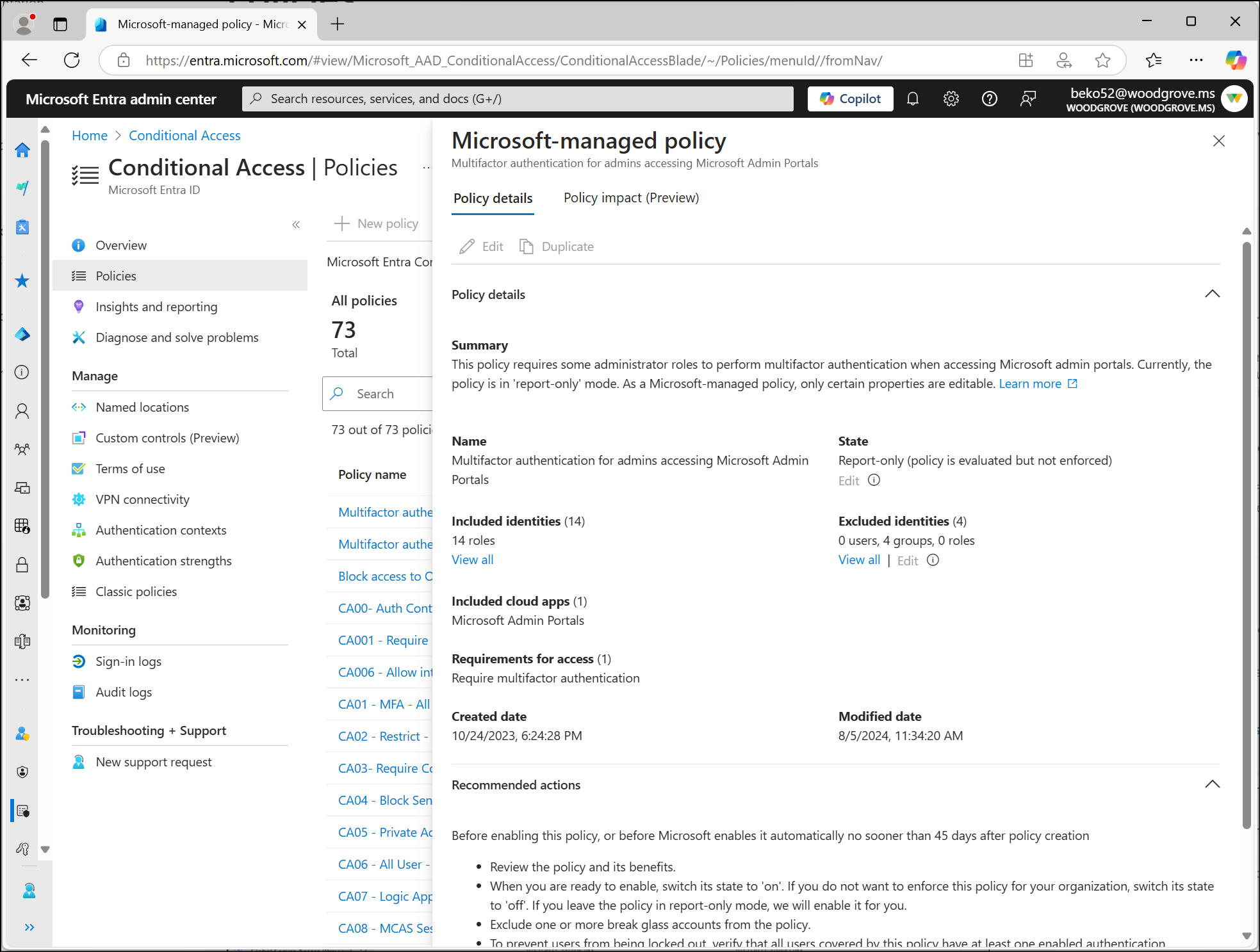 Microsoft Entra 管理中心中Microsoft托管的条件访问策略的屏幕截图。