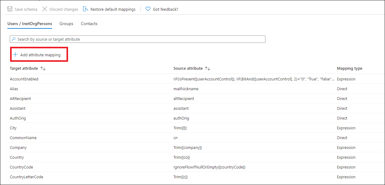 显示添加新属性映射的屏幕截图。