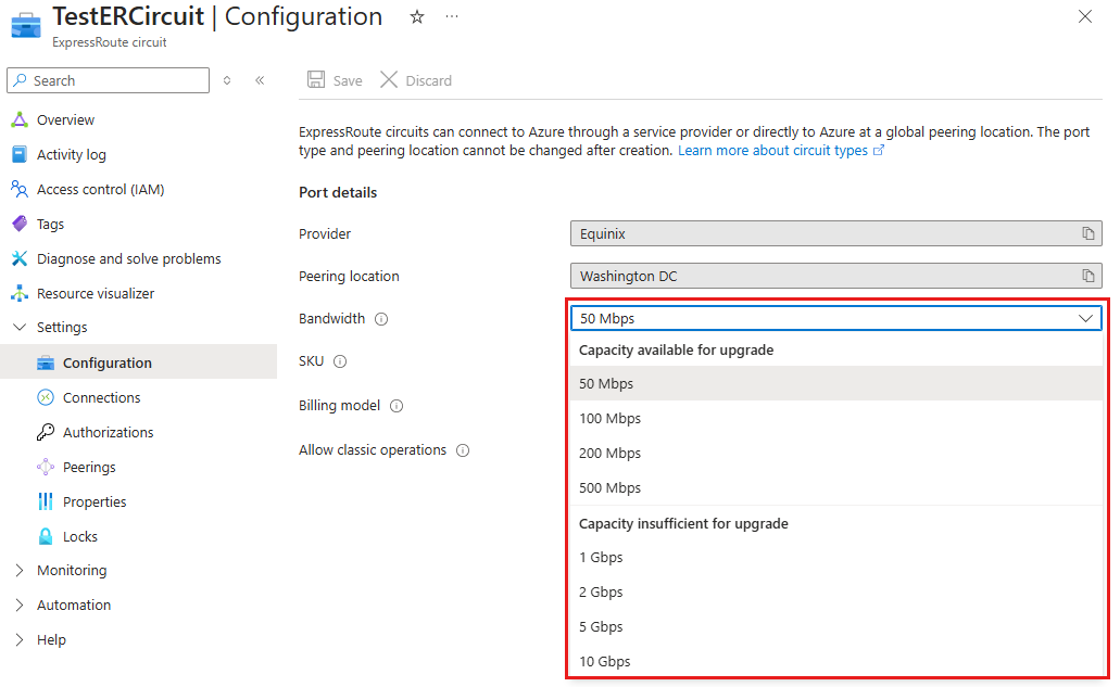 ExpressRoute 线路可用的带宽升级的屏幕截图。