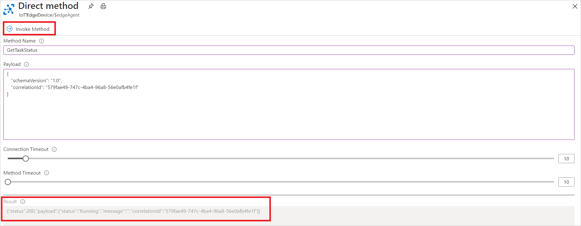 Azure 门户的屏幕截图，其中显示了如何调用直接方法 GetTaskStatus。