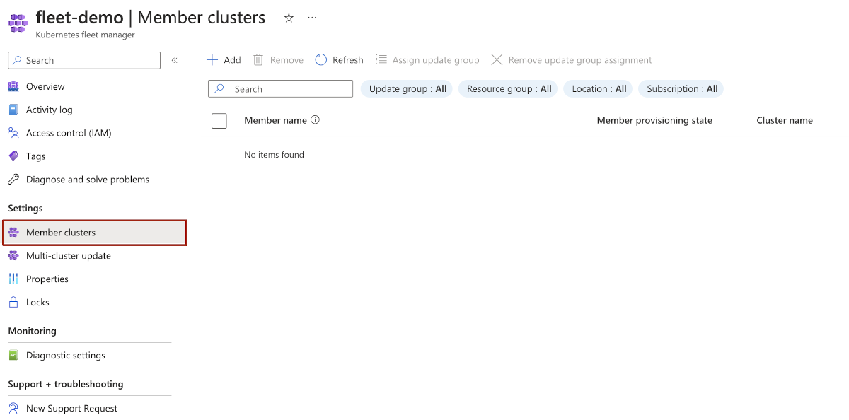 用于添加成员集群的 Azure Kubernetes Fleet Manager 的 Azure 门户页面截图。