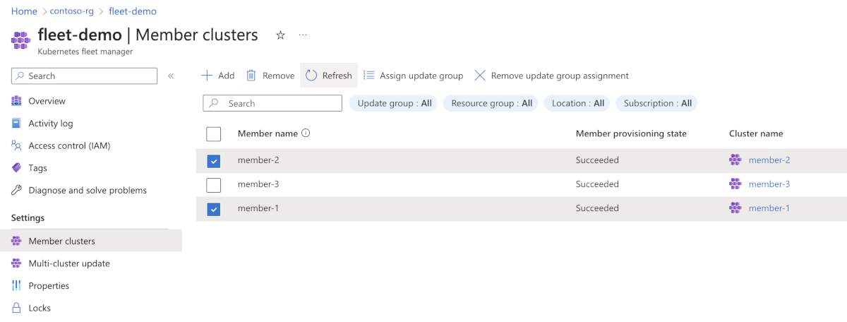用于将现有成员群集分配到组的 Azure 门户页面截图。