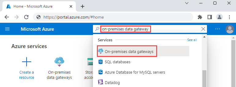 屏幕截图显示 Azure 门户搜索框，框内有“本地数据网关”字样。结果列表显示所选选项“本地数据网关”。