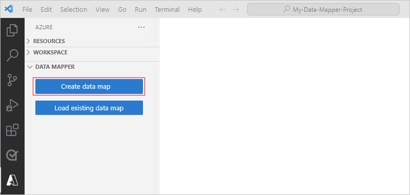 屏幕截图显示 Visual Studio Code 与 Azure 窗口以及选中了用于创建数据映射的按钮。