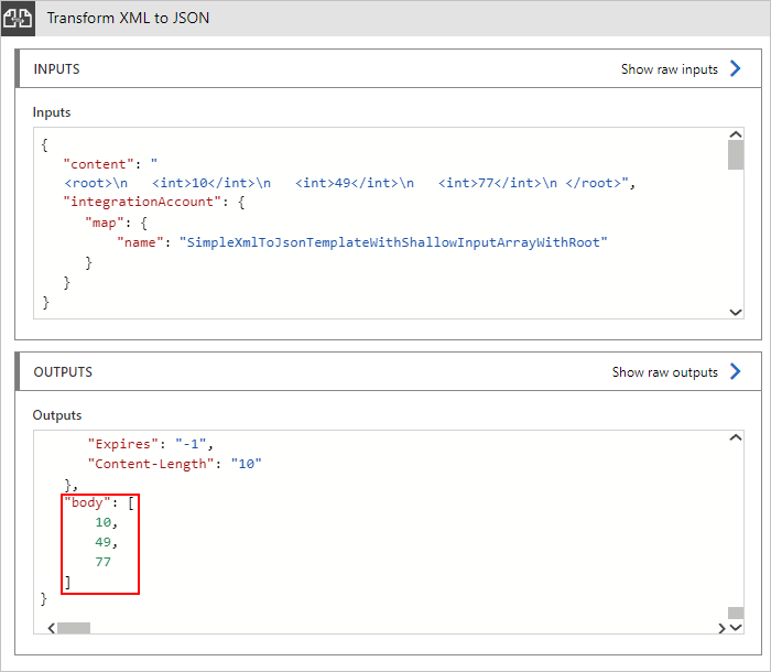 显示 XML 到 JSON 转换的示例输出的屏幕截图。
