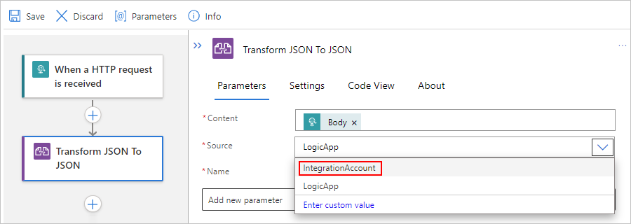 显示已选择“源”属性和 IntegrationAccount 的“标准”工作流的屏幕截图。