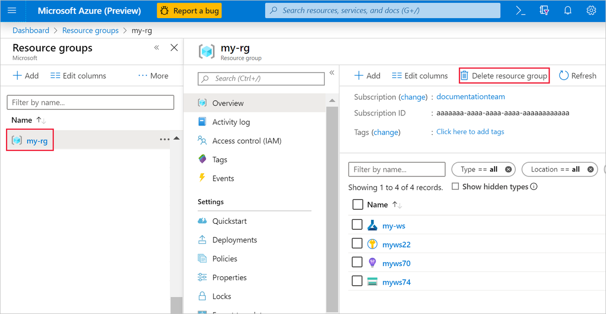 显示用于在 Azure 门户中删除资源组的按钮的屏幕截图。