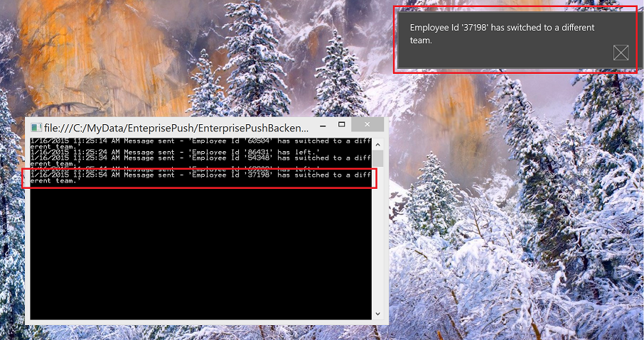 运行企业推送后端系统应用的控制台的屏幕截图，以及应用发送的消息。