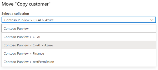 Microsoft Purview 门户弹出窗口的屏幕截图,其中突出显示了“选择集合”下拉菜单。