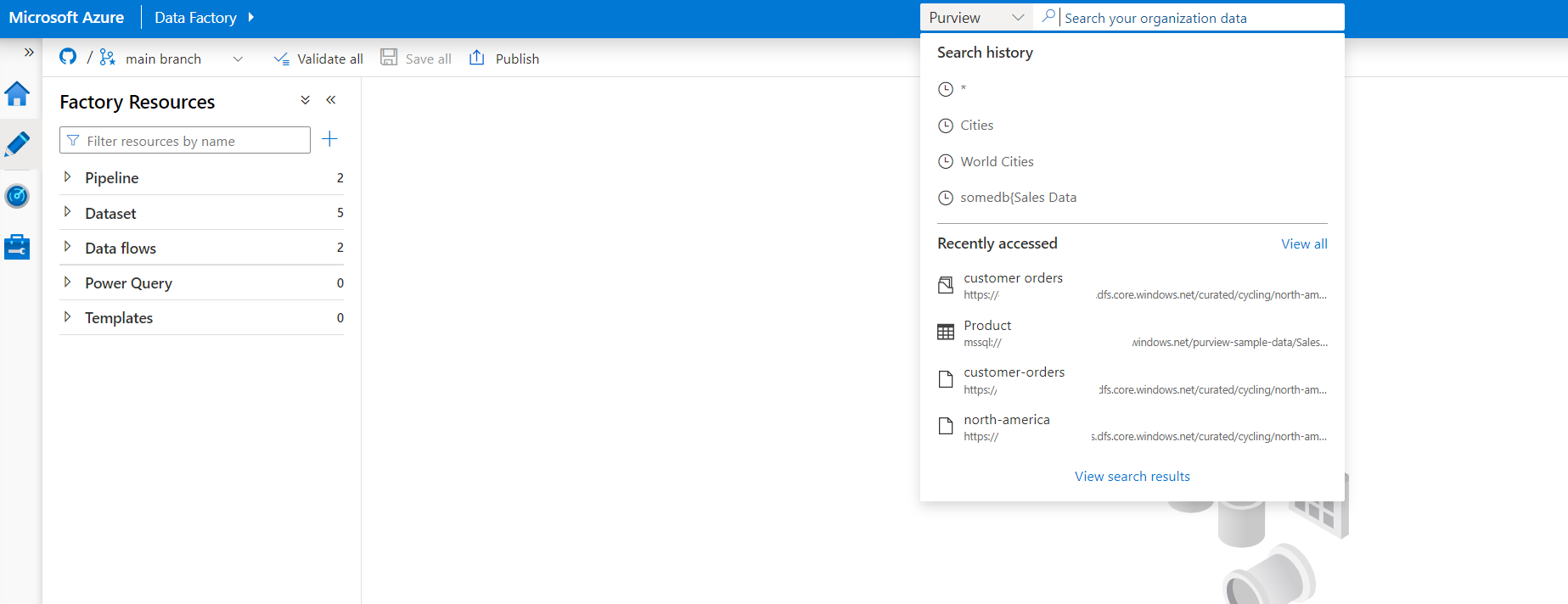 屏幕截图显示了如何在 Azure 数据工厂中使用 Microsoft Purview 搜索
