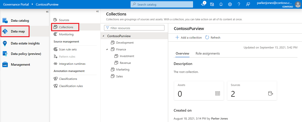 打开到数据映射的经典 Microsoft Purview 治理门户的屏幕截图,其中选择了“集合”选项卡。