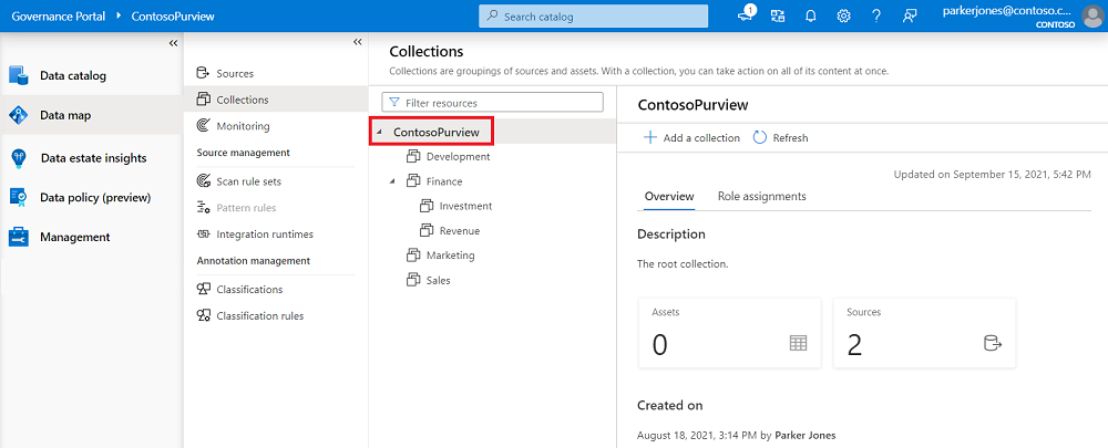 经典 Microsoft Purview 治理门户窗口的屏幕截图,该窗口已打开数据映射,其中突出显示了根集合。