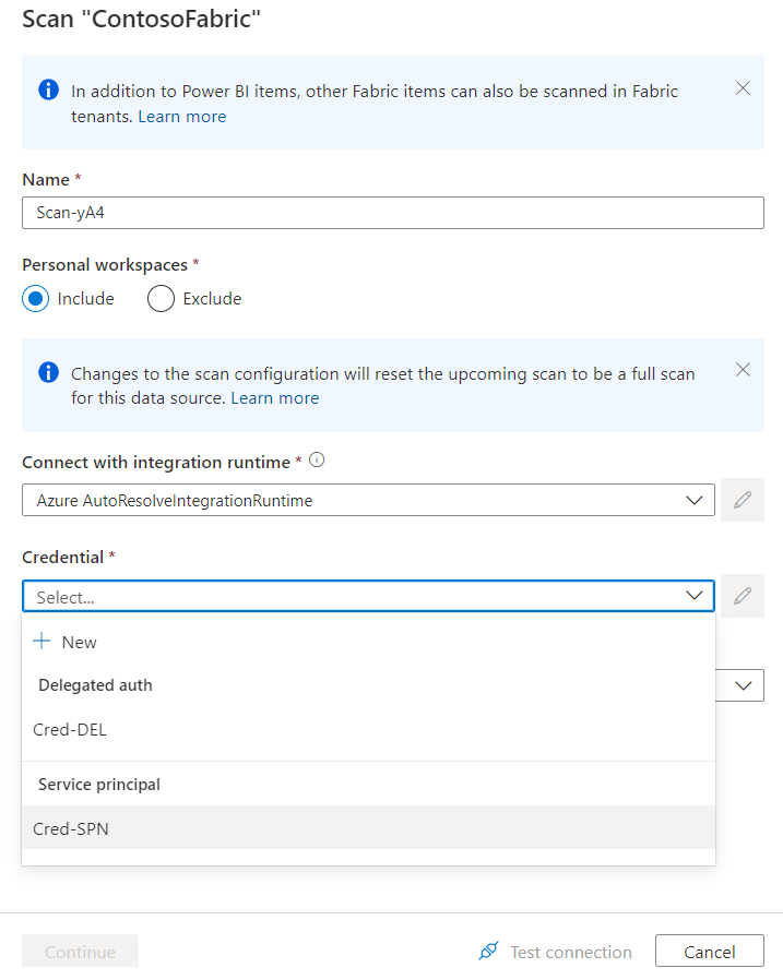 显示使用跨租户的 Azure 集成运行时进行 Fabric 扫描设置的屏幕截图。
